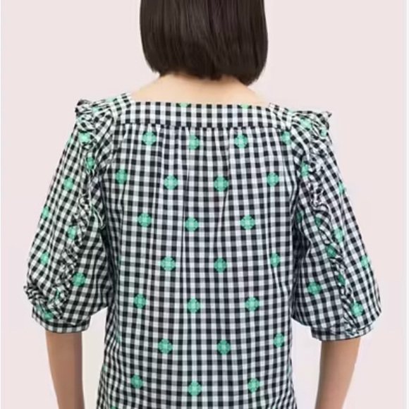Kate Spade Blossom Gingham Cotton Top Square Neck Black White Green Size XXS - Picture 3 of 10